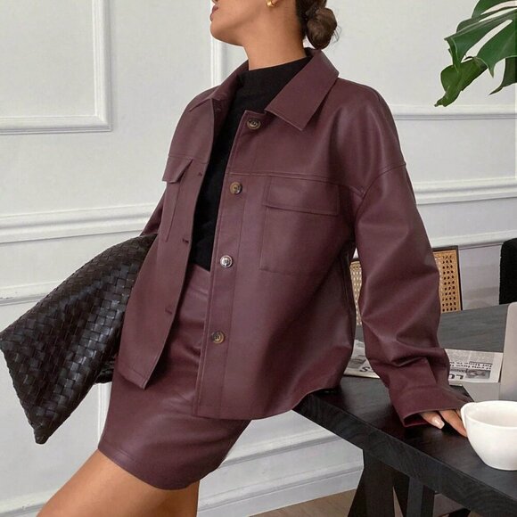Burgundy Casual Women's Pu Jacket Coat & Mini Skirt coord set - Picture 5 of 6